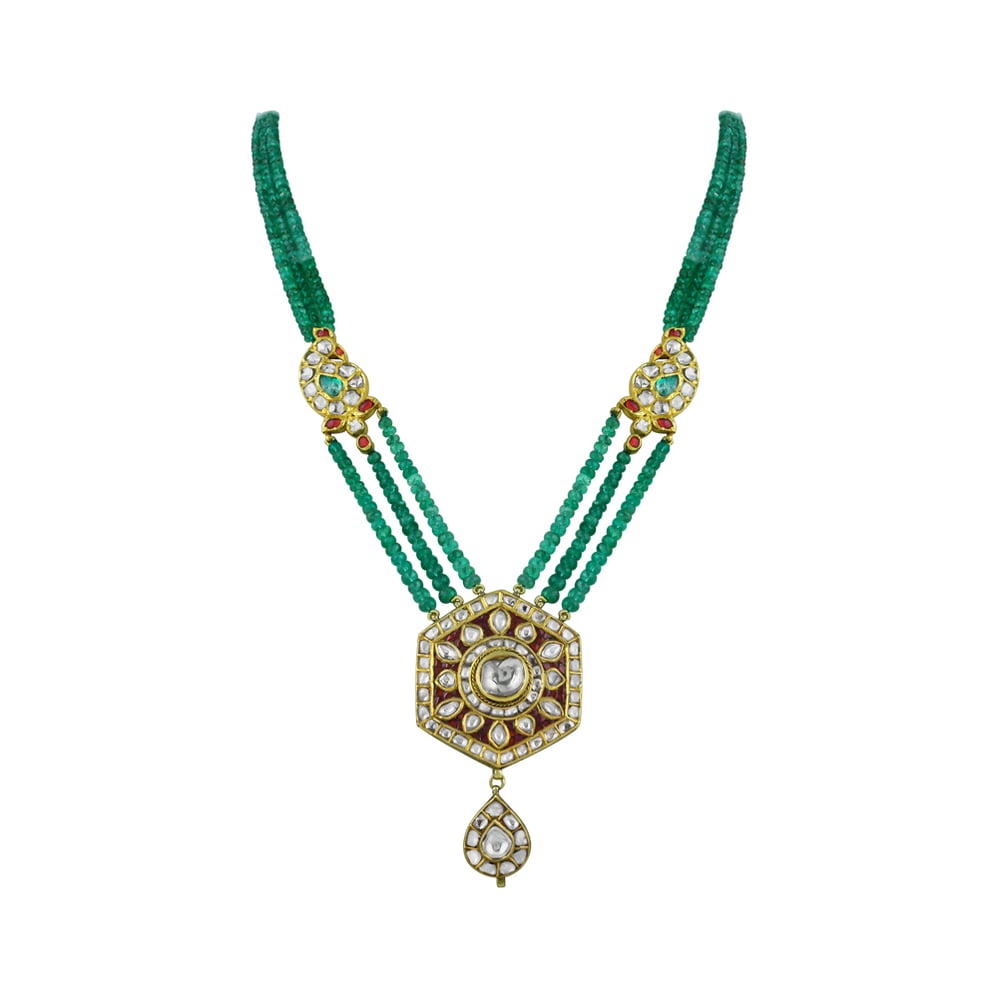 Triple-Strand Emerald Necklace with Red Stone, and Polki
